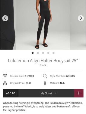 lululemon Align Halter Bodysuit 25” Size 14- Black